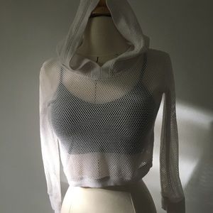White mesh cropped hoodie lightly